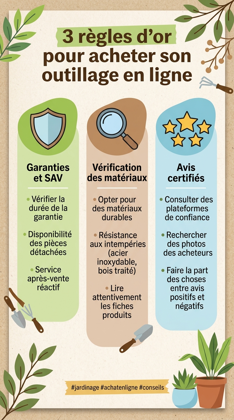 Infographie des 3 critères de choix pour commander ses équipements de jardin sur internet en toute sécurité