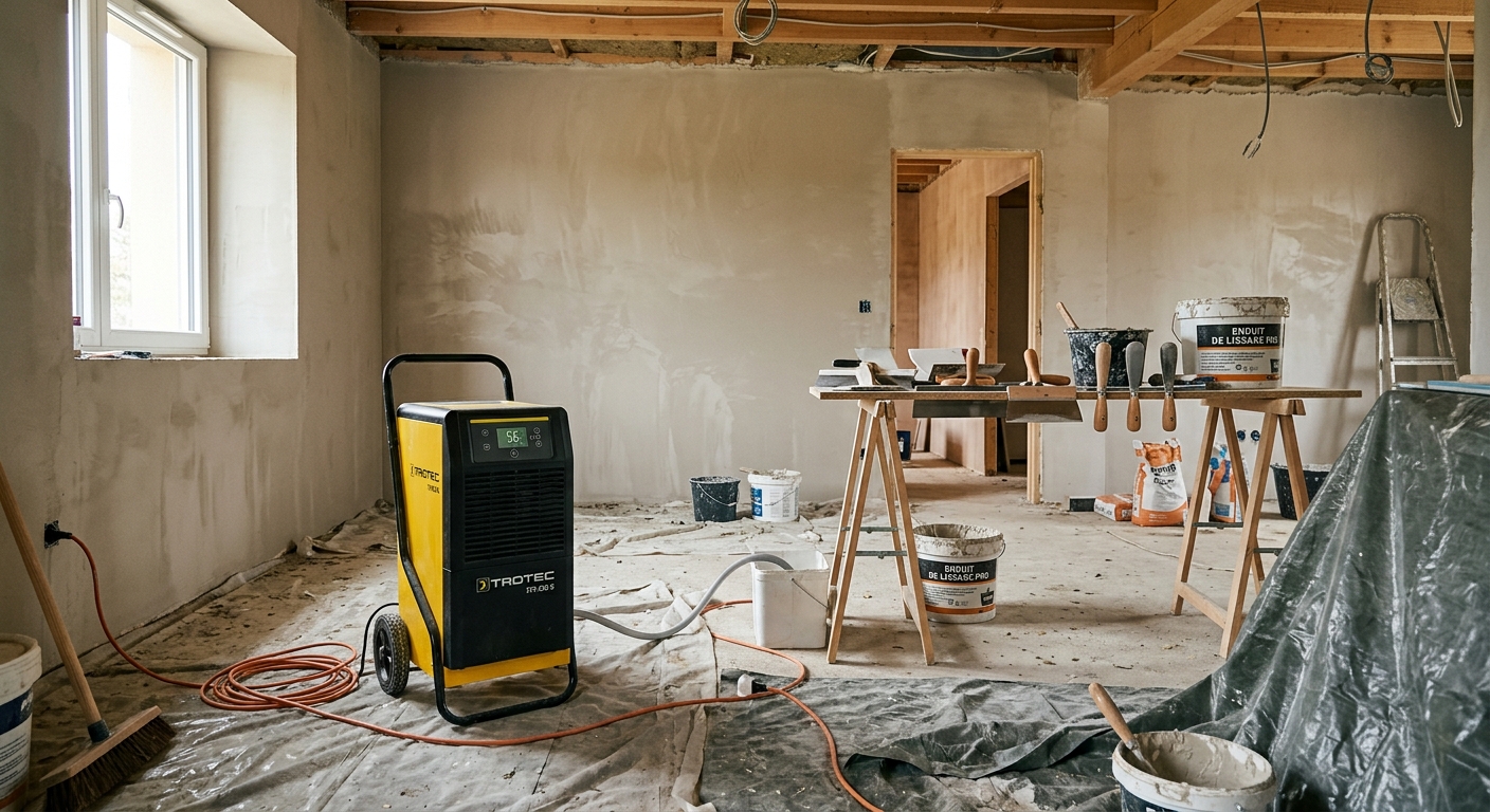 Chantier de rénovation intérieur avec murs enduits et déshumidificateur