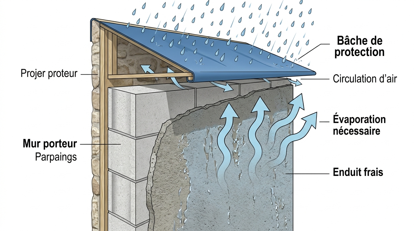 Schéma expliquant l'évaporation d'un enduit frais et sa protection sous la pluie