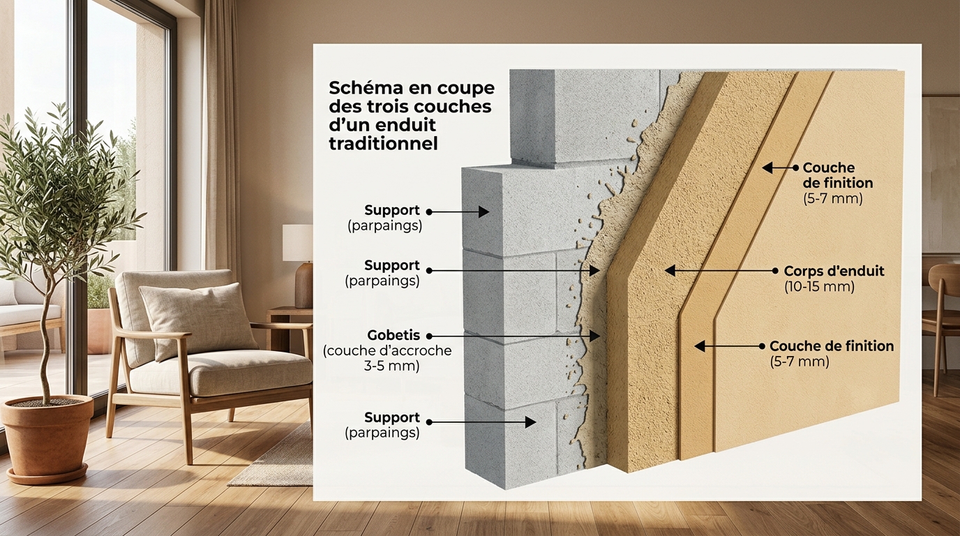 Schéma en coupe des 3 couches d'un enduit au ciment : gobetis, corps d'enduit et finition