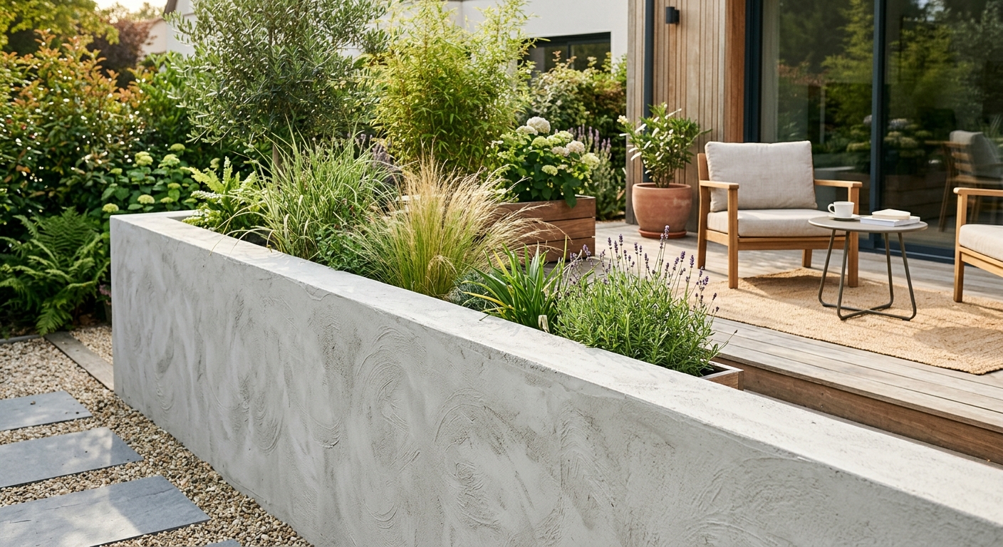 Muret de jardin moderne avec enduit au ciment finition talochée