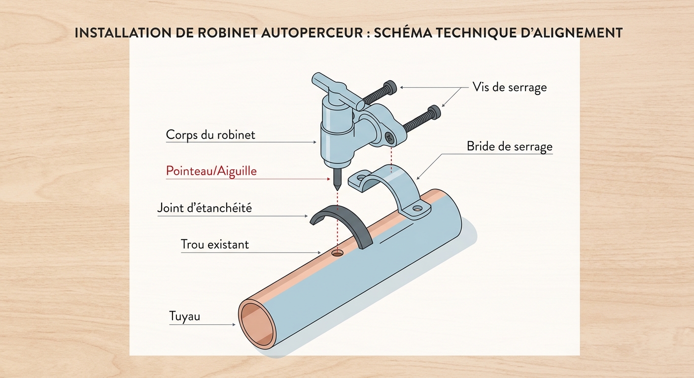 Schéma en vue éclatée du montage d'un robinet autoperceur sur un tuyau