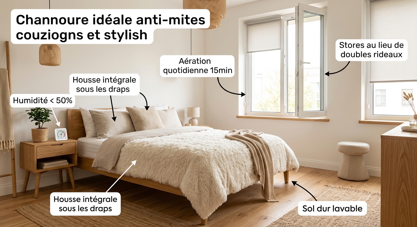 Infographie de la chambre idéale aménagée pour lutter contre les acariens et mites de poussière