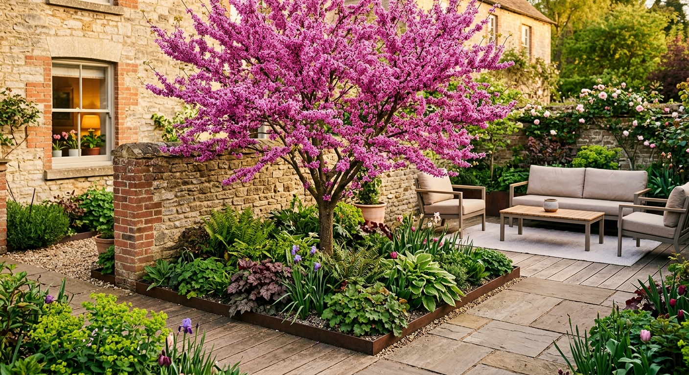 Aménagement de jardin moderne avec un Arbre de Judée, excellente alternative au savonnier pour les petits espaces