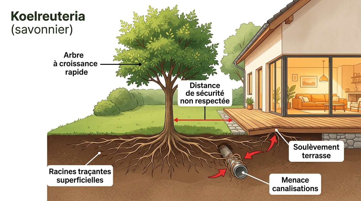 Schéma illustrant les dégâts causés par les racines traçantes du savonnier sur une terrasse et des canalisations