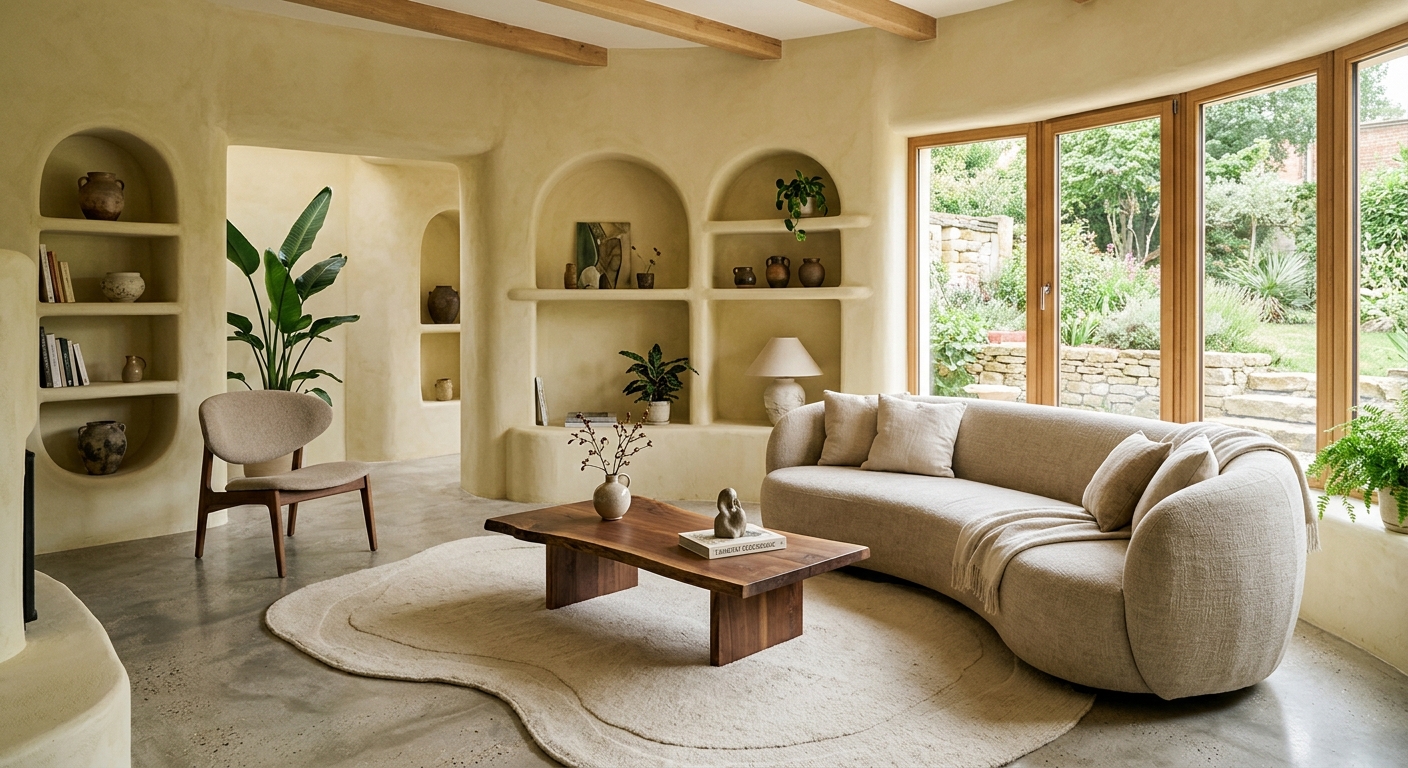 Salon style archilibre avec murs enduits, niches arrondies et mobilier aux formes organiques