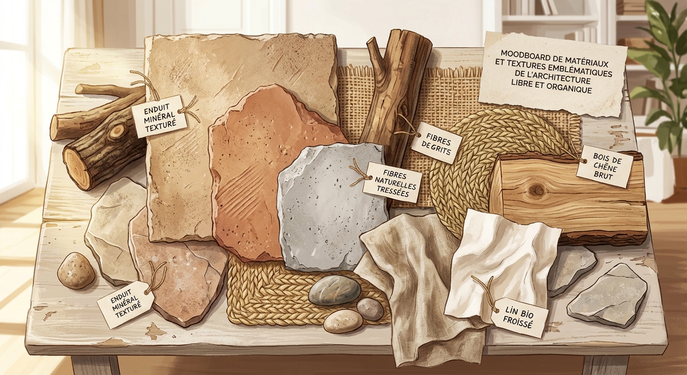 Moodboard de décoration avec enduits naturels, bois brut et lin pour un style archilibre