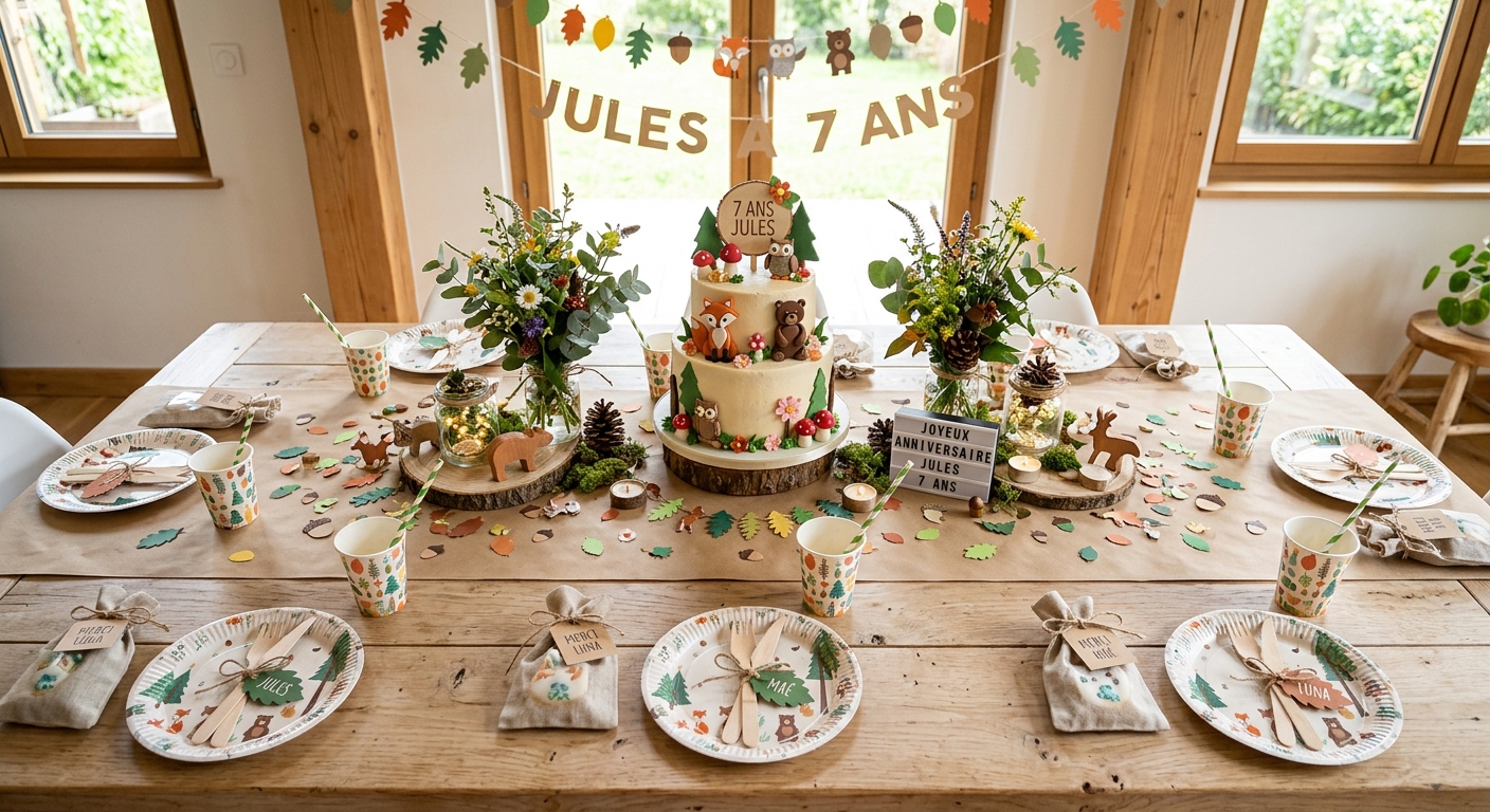 Table d'anniversaire décorée sur le thème de la forêt avec nappe kraft et vaisselle en carton