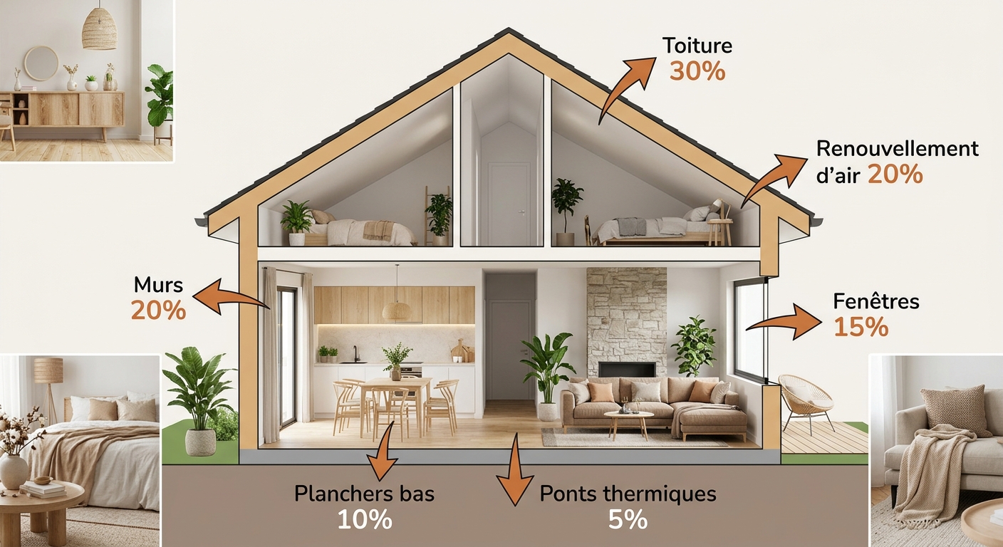 Infographie des déperditions thermiques d'une maison (toit, murs, fenêtres)