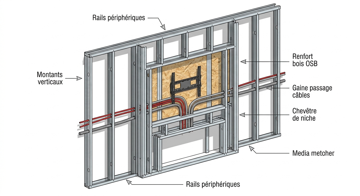 Schéma de l'ossature métallique et du passage des câbles pour un meuble TV en placo