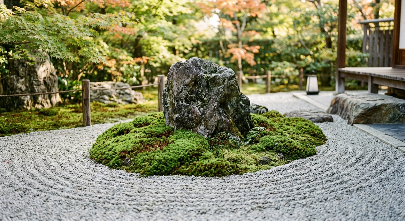 Jardin zen avec gravier ratissé en vagues, pierre brute et îlot de mousse