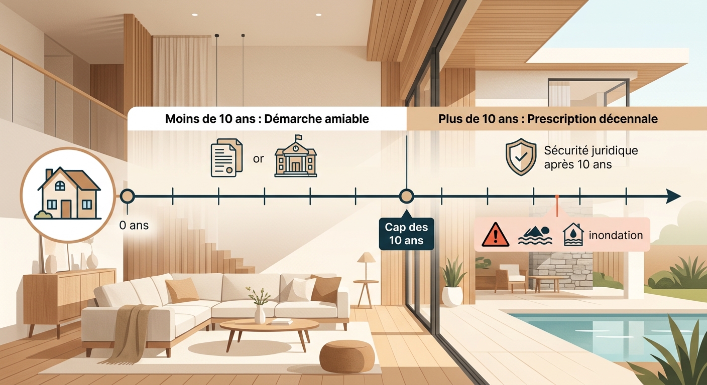 Frise chronologique des délais de régularisation d'urbanisme et de la prescription décennale de 10 ans