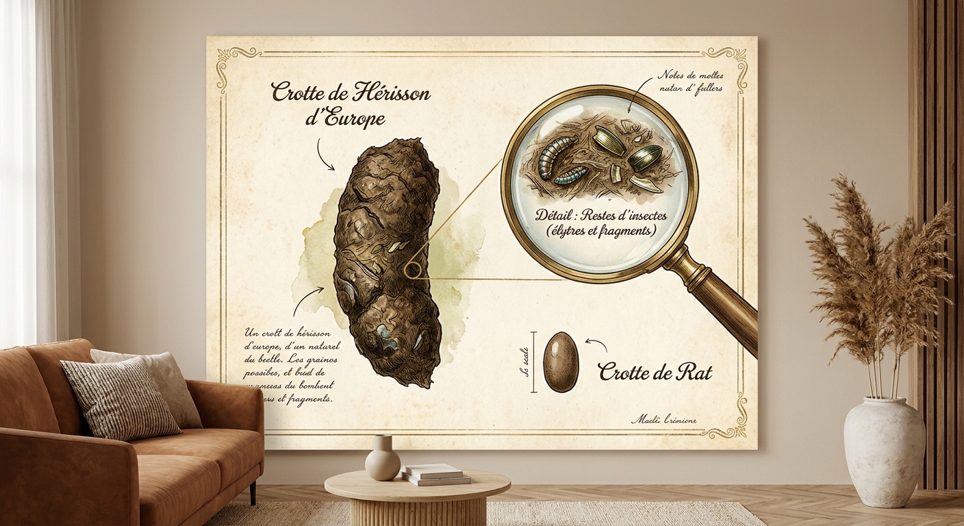 Illustration naturaliste permettant d'identifier une crotte de hérisson et de la différencier facilement de celle d'un rat