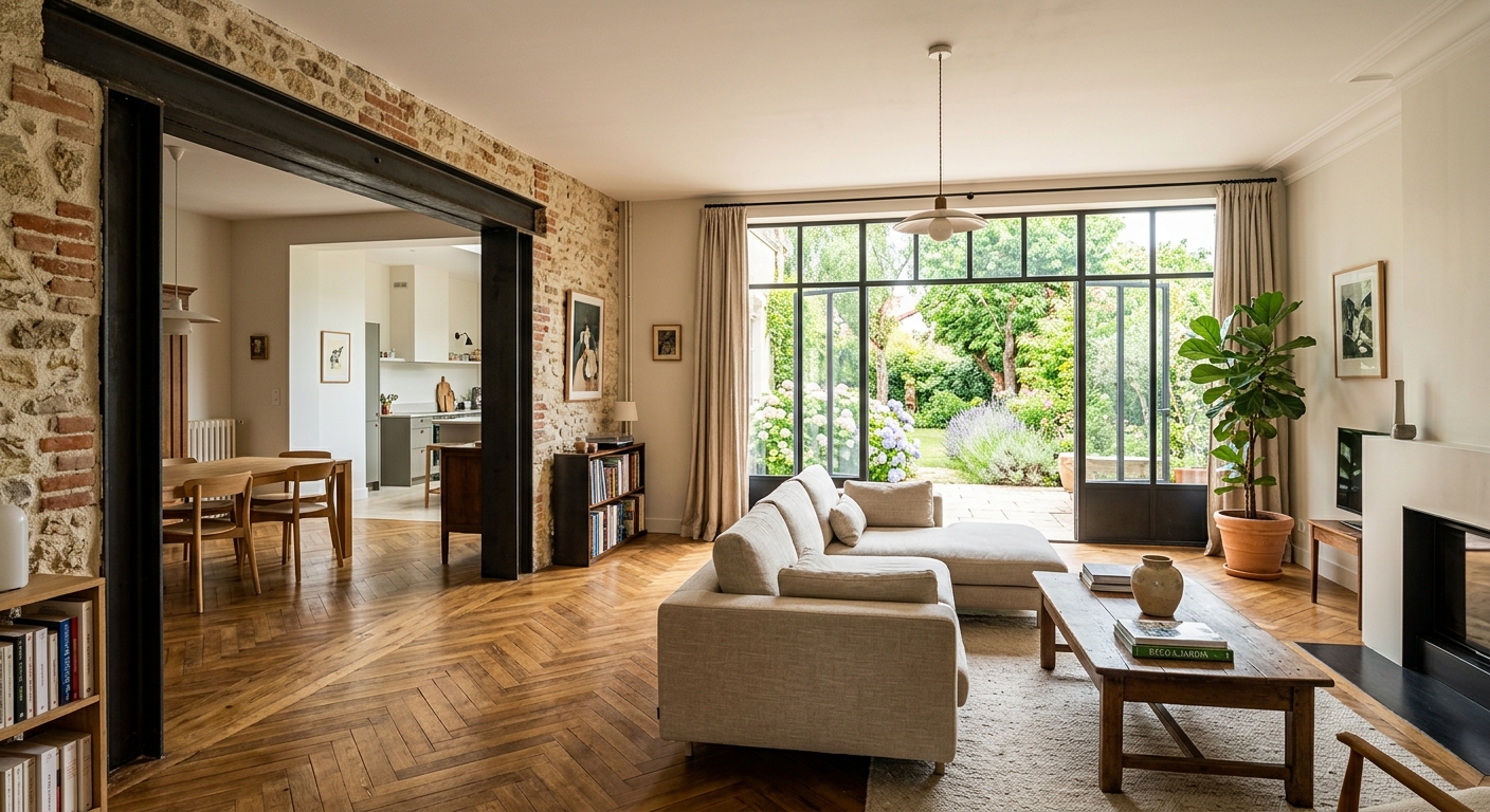 Salon de maison meulière décloisonné avec parquet ancien et grande verrière contemporaine donnant sur le jardin