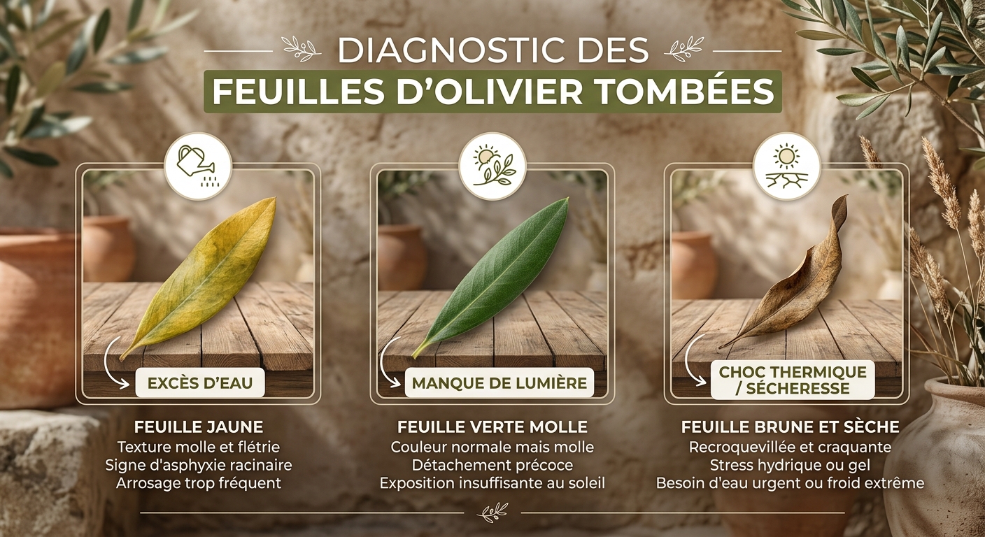 Infographie de diagnostic des feuilles d'olivier : feuilles jaunes, vertes et sèches selon le problème