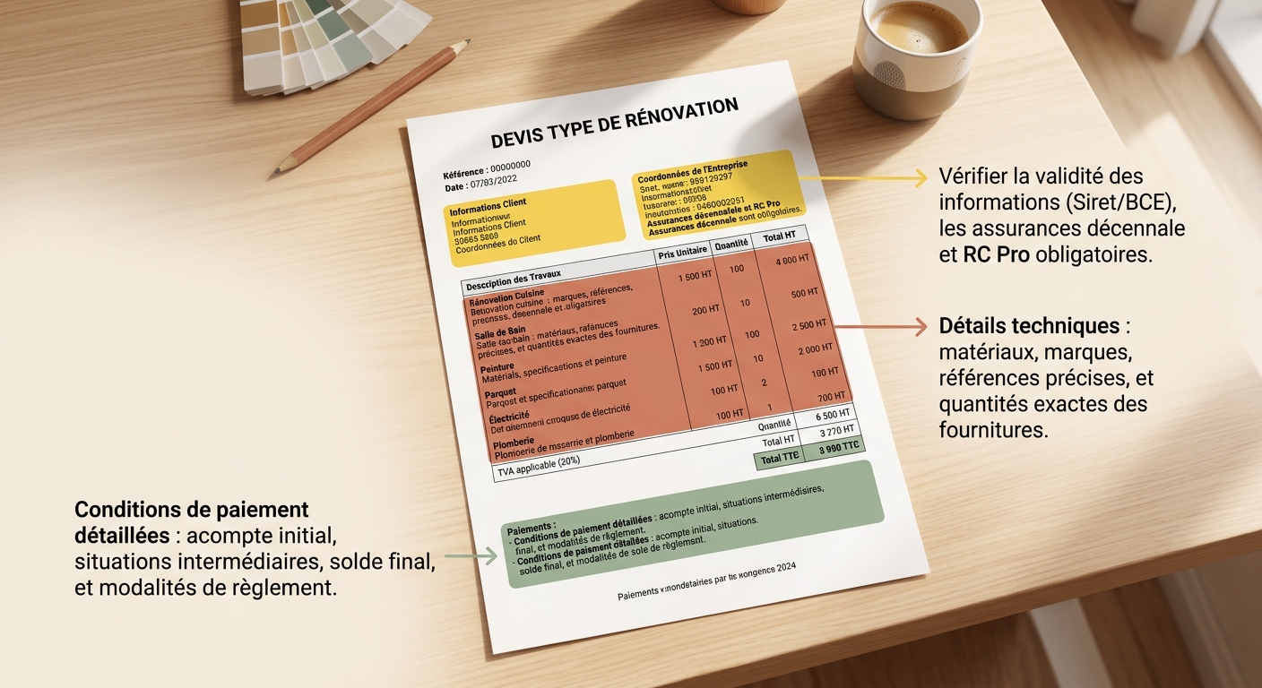 Infographie expliquant comment analyser un devis de travaux de rénovation