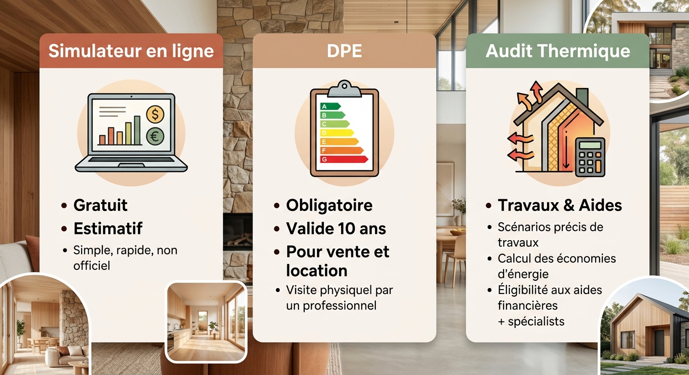 Infographie comparant le simulateur en ligne, le DPE officiel et l'audit thermique complet