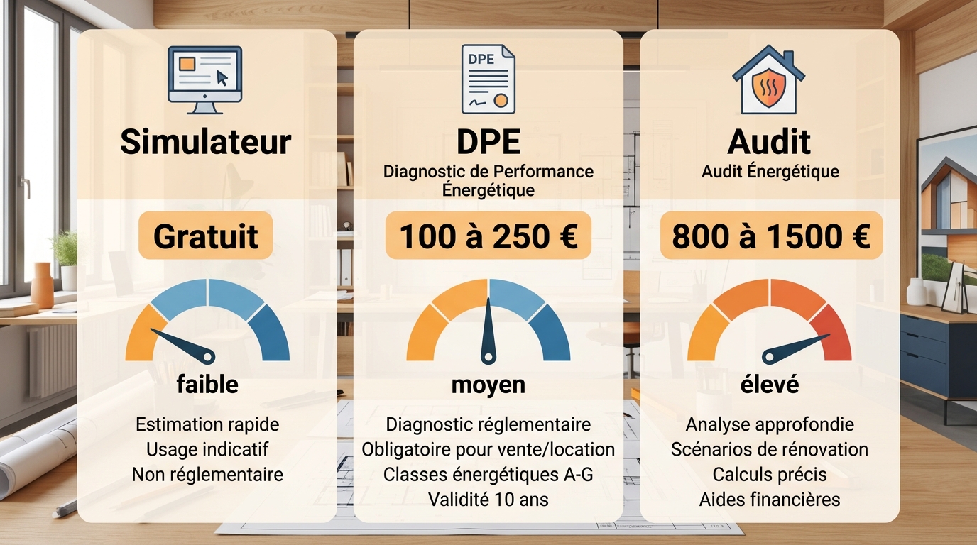 Infographie comparant les prix et la précision du simulateur en ligne, du DPE et de l'audit thermique complet