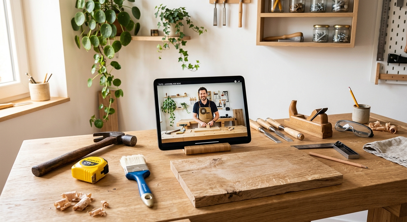 Atelier de bricolage chaleureux avec outils et tablette affichant une formation DIY