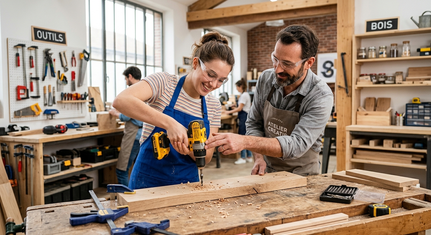 Femme apprenant à utiliser une perceuse avec un formateur lors d'un atelier de bricolage