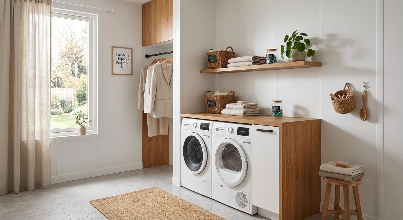 Buanderie moderne rénovée avec des plaques murales lisses en PVC et profilés de finition