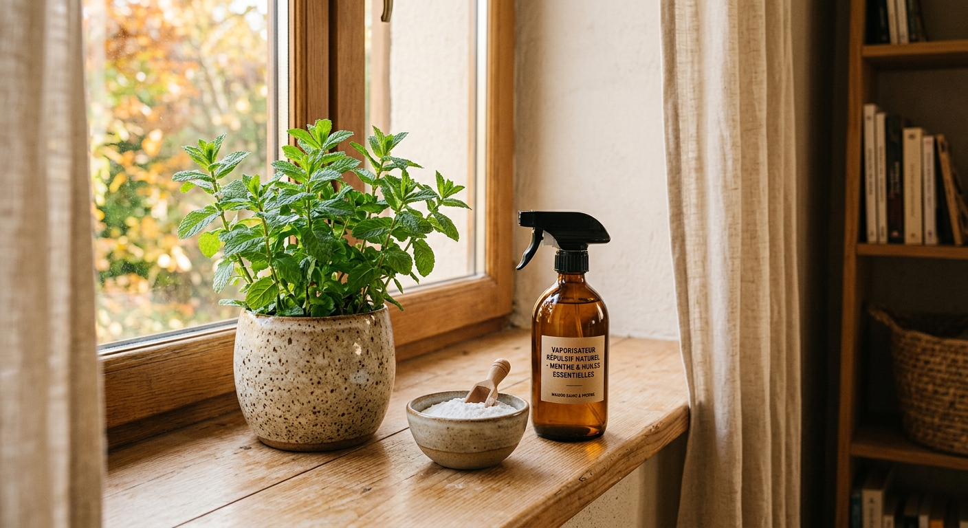 Plante de menthe et vaporisateur naturel sur un rebord de fenêtre