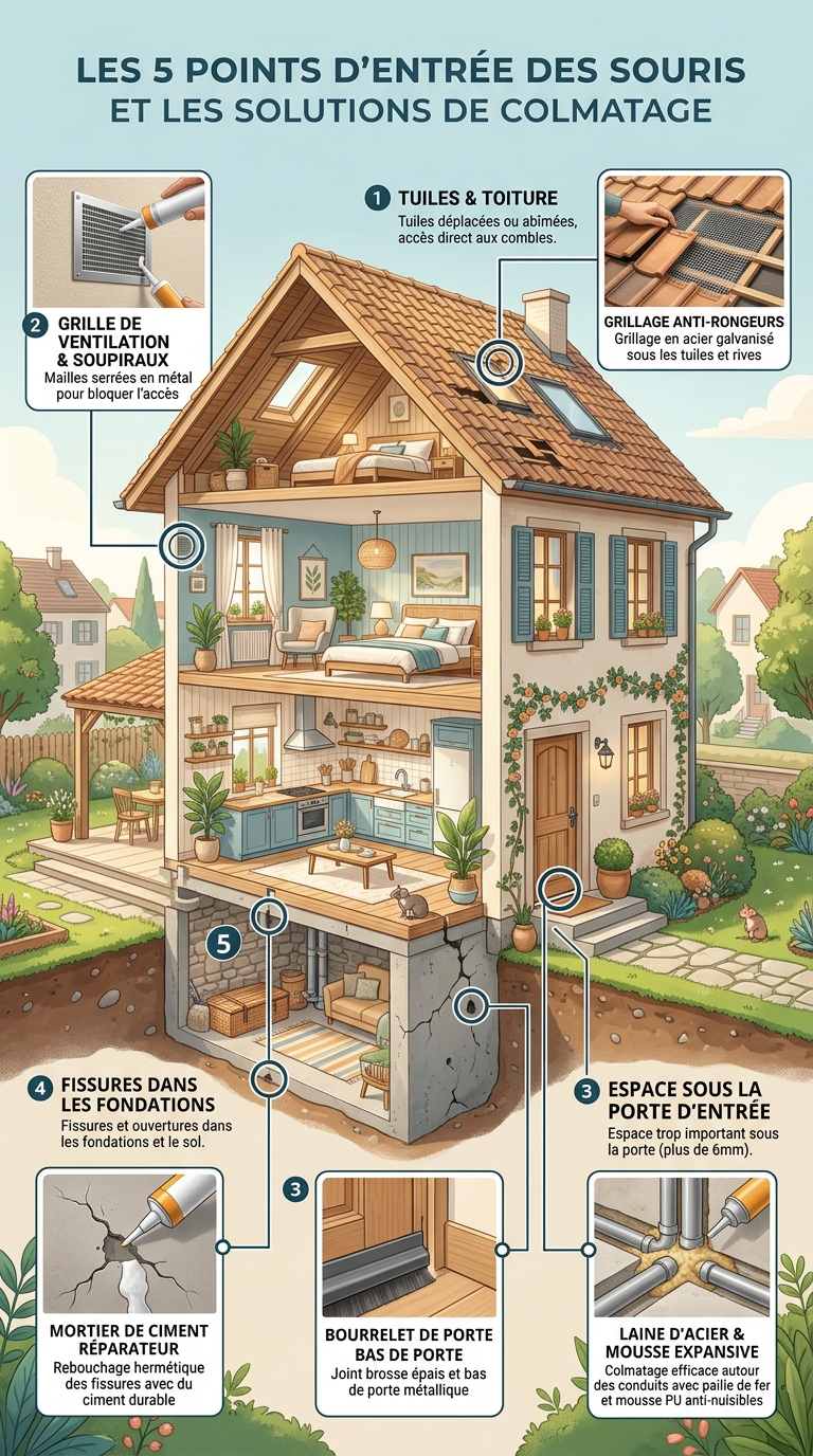 Infographie des points d'entrée courants des souris dans une maison et zones à inspecter