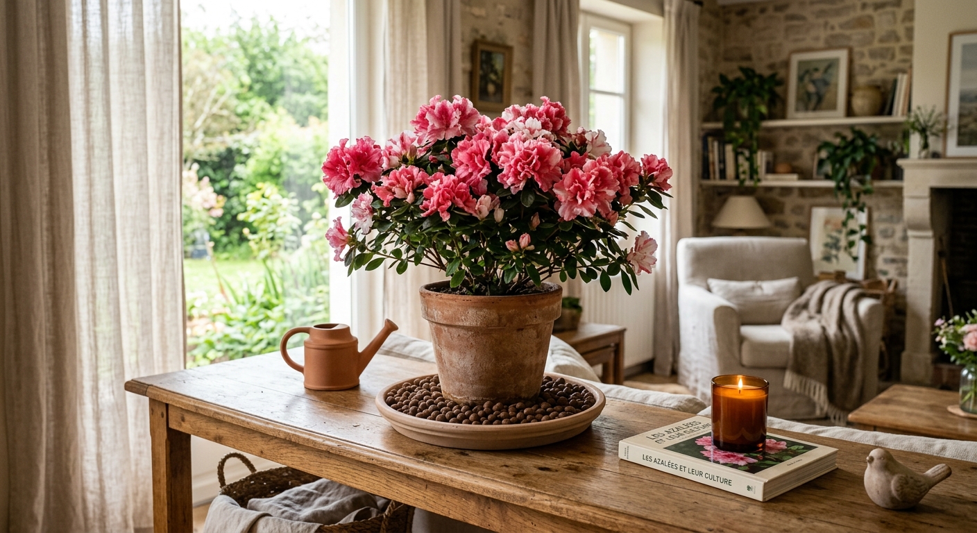 Un Rhododendron simsii en pot fleuri dans un intérieur lumineux sur un lit de billes d'argile