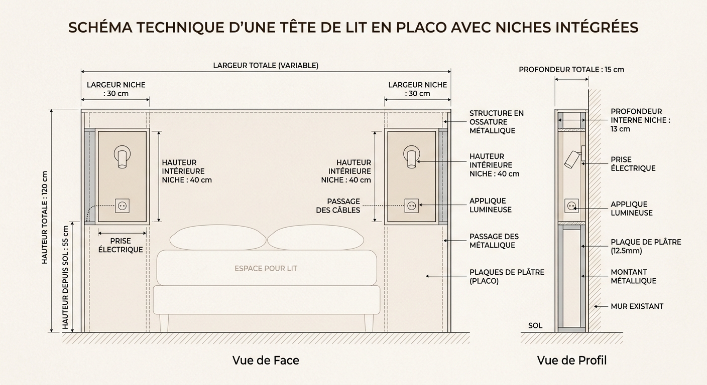 Schéma des dimensions et cotes idéales pour construire une tête de lit en placo avec niches