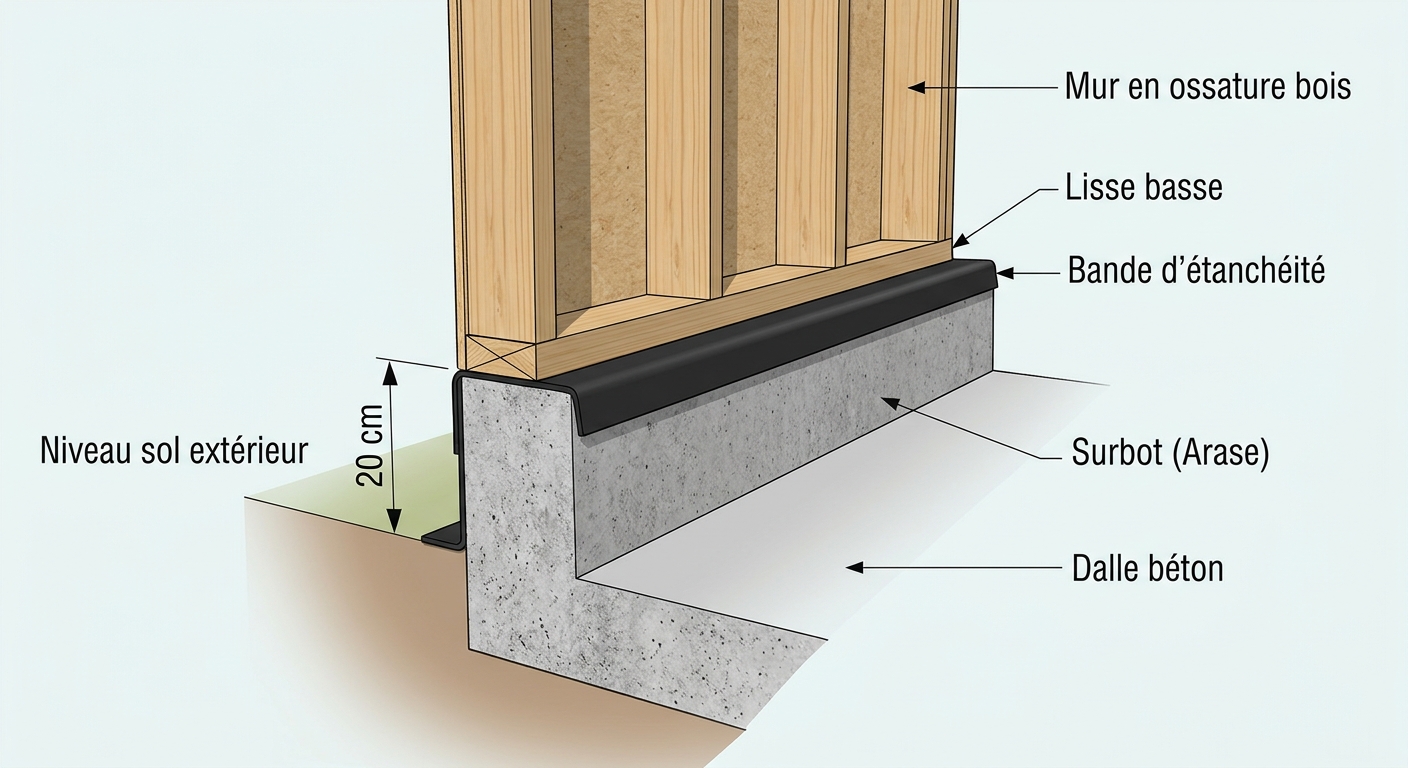 Schéma en coupe technique d'un surbot béton sous une ossature bois avec bande d'arase