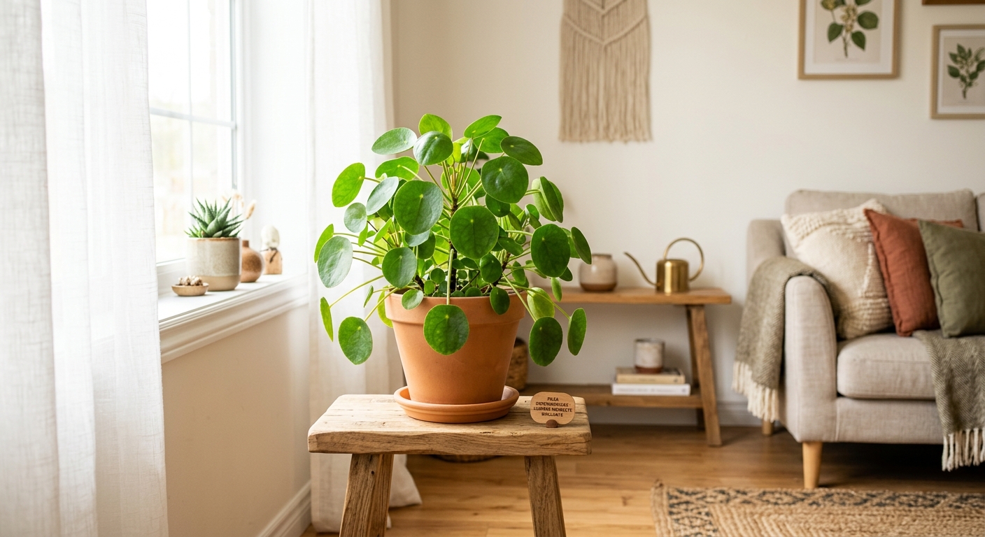 Pilea peperomioides en pleine santé près d'une fenêtre avec lumière indirecte