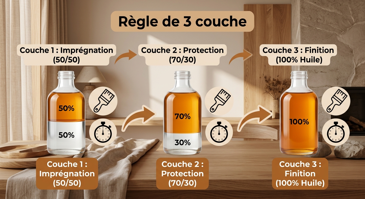 Infographie des dosages d'huile de lin et térébenthine pour le traitement du bois en 3 couches