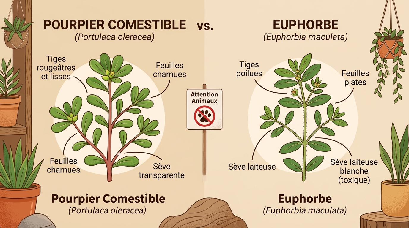 Infographie pour différencier le pourpier de l'euphorbe et reconnaître les signes de toxicité