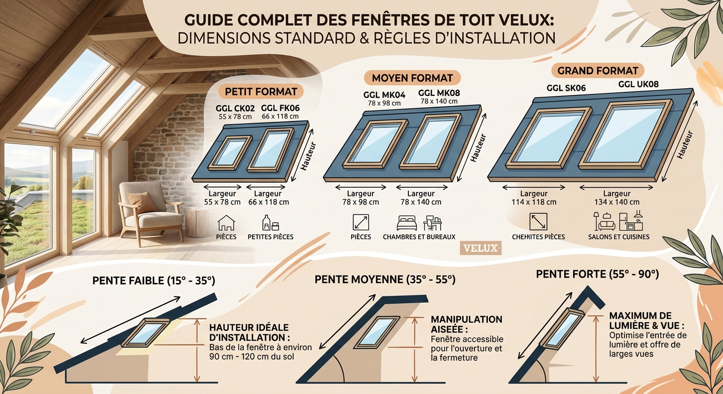 Infographie des dimensions standard Velux et de l'installation selon la pente du toit