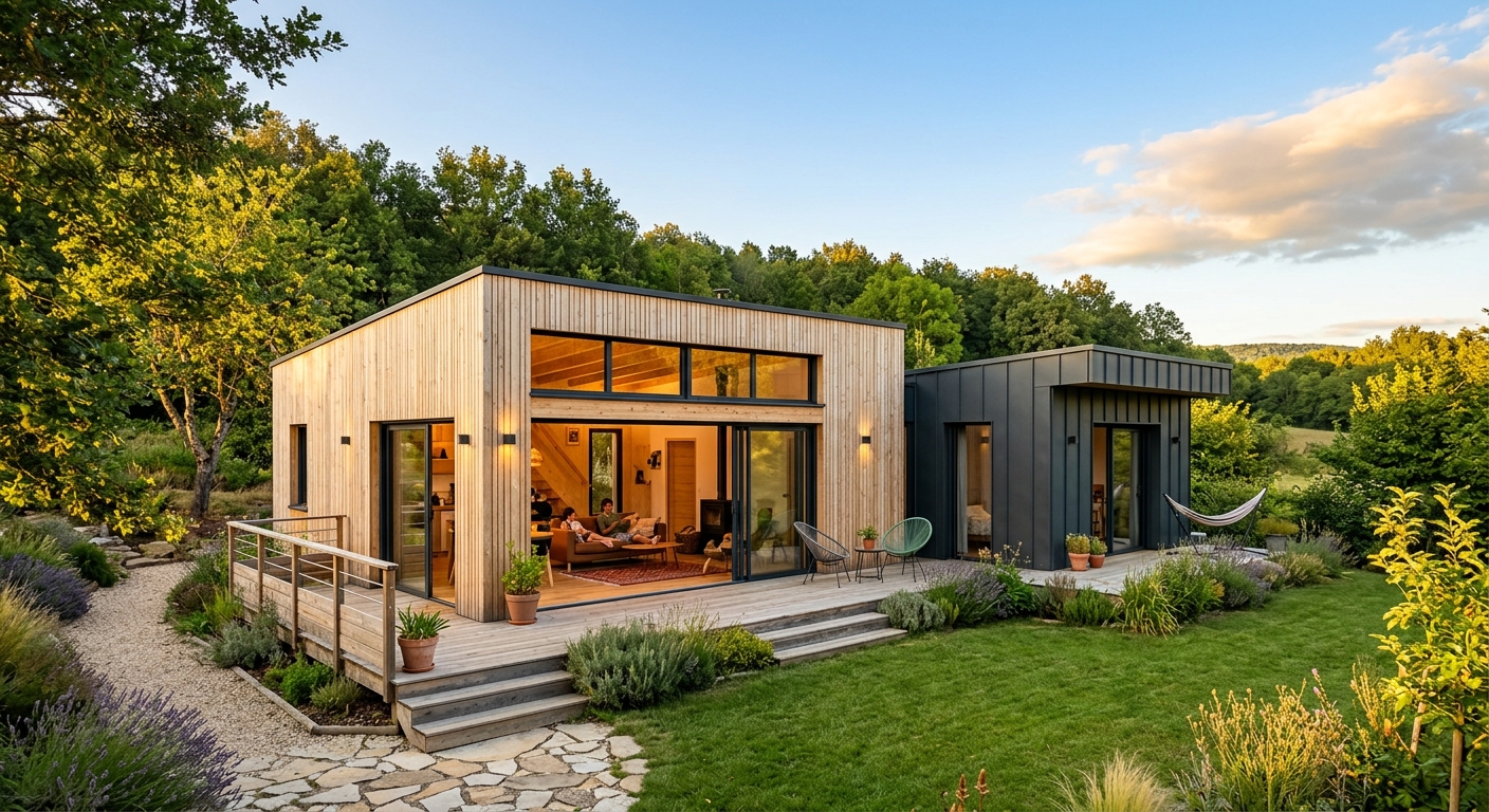 Maison modulaire contemporaine en bois avec grandes baies vitrées et terrasse extérieure