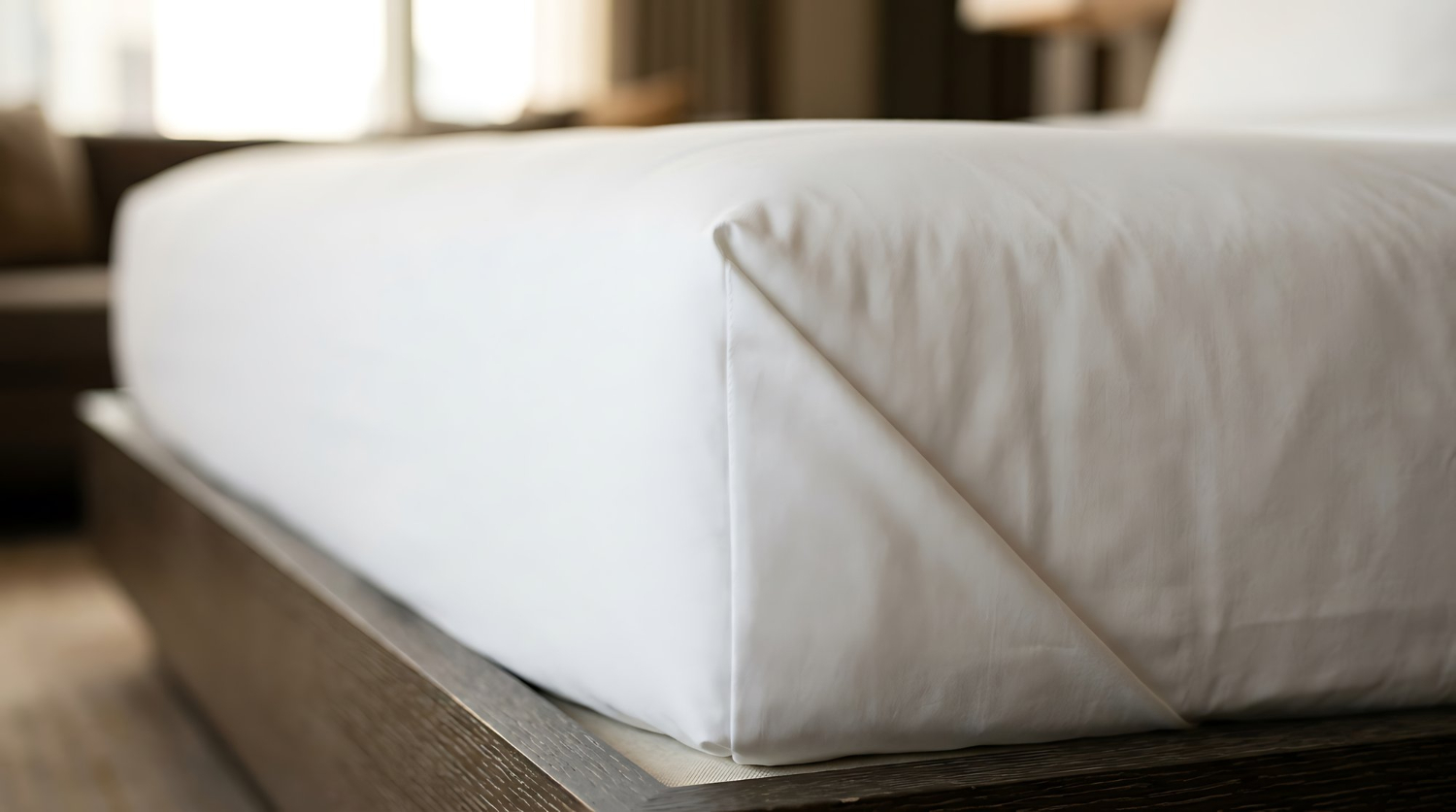 Drap de lit blanc soigneusement bordé dans une chambre